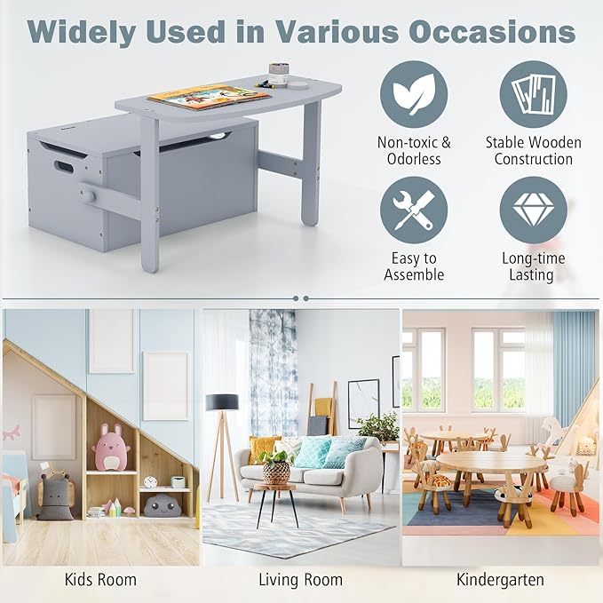 Costzon Kids Table and Chair Set, Convertible Toy Storage Bench with Built-in Handle for Kindergarten, Preschool, Kids Room, Playroom, Wood Reading Nook for Toddler Boys Girls Ages 3 to 7 (Grey)