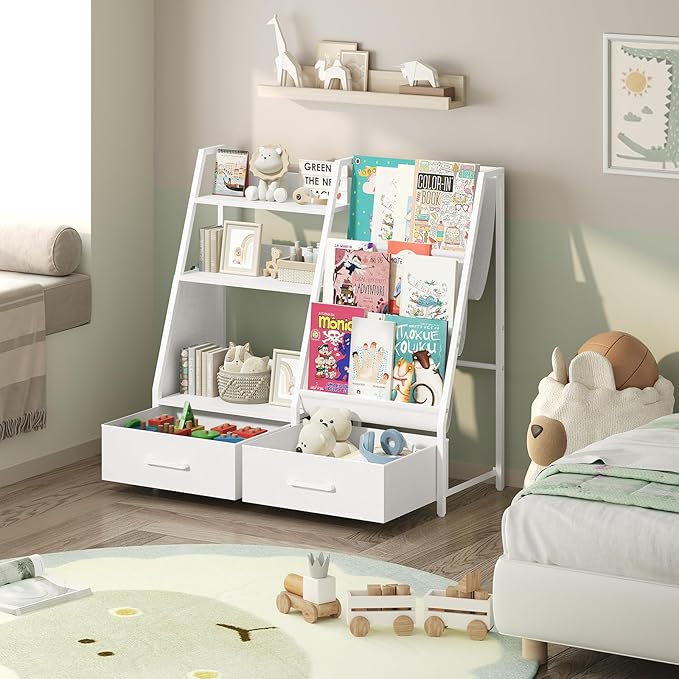 Kids Bookshelf and Toy Storage,3-Tier Sling Bookcase for Kids,Sturdy Toddler Bookshelf for Nursery,Playroom, Bedroom,White KBWT8401