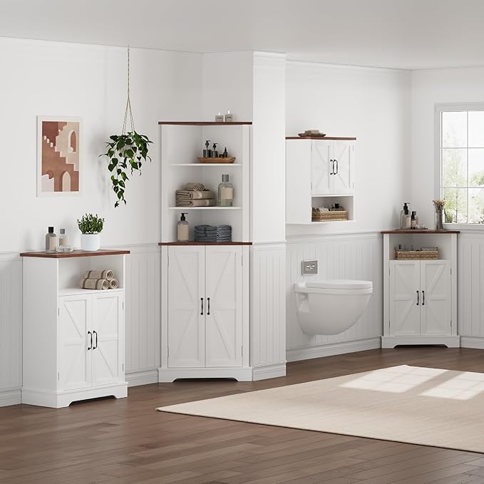 Smuxee Tall Corner Storage Cabinet, Farmhouse Corner Cabinet with Barn Door and Adjustable Shelf, White Freestanding Cabinet Organizer for Bathroom, Kitchen, Living Room