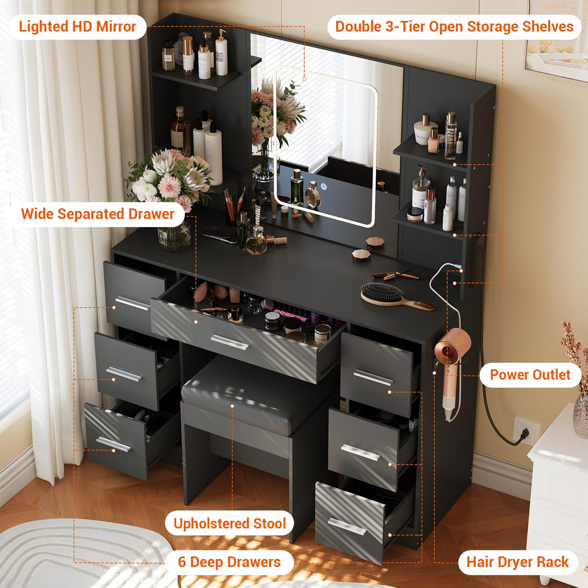 Garvee Makeup Vanity with Mirror and Chair, Power Outlet, Hairdryer Holder, 7 Drawers, 3 Lighting Modes Brightness Adjustable Dressing Table for Bedroom