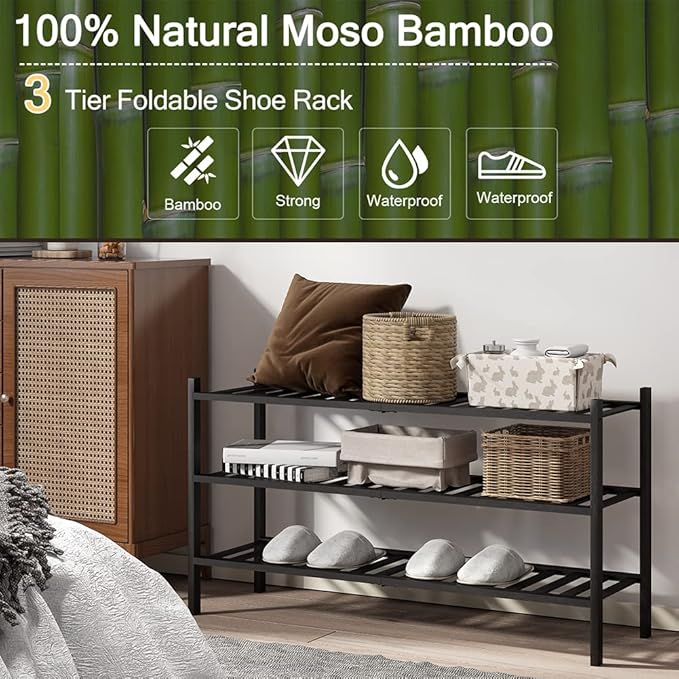 Long Shoe Rack, 3-Tier Bamboo Stackable Shoe Shelf Storage Organizer, Shoe Stand for Closet, Entryway and Hallway