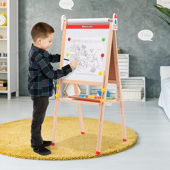 Wooden Art Easel for Kids Ages 2-12,Double-Sided Chalkboard & Whiteboard with Paper Roll,Folding Storage Tray,Gift for Boys & Girls