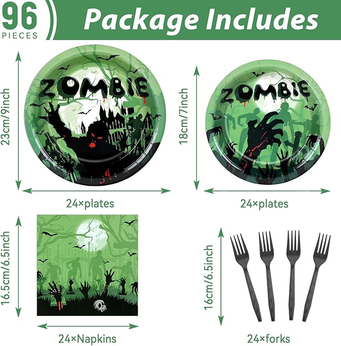 Wiooffen 96 Pcs Zombie Halloween Party Plates Napkins Tableware Set Halloween Birthday Party Supplies Disposable Paper Dinnerware Zombie Theme Table Decoration Favors for Birthday, 24 Guests
