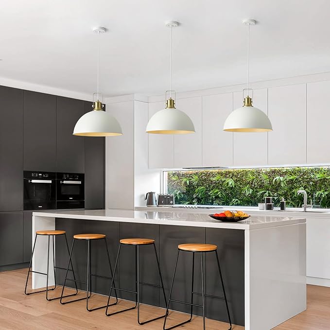 18 Inch White Farmhouse Pendant Lights for Kitchen Island Industrial Haning Lamp Adjustable Height Vintage Dome Hanging Light Fixtures for Barn, Dining Room