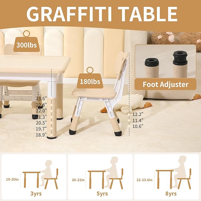 Kids Table and 4 Chairs Set, Height Adjustable Toddler Table and Chairs Set, Graffiti Desktop Children Activity Table for Ages 2-10, Daycare, Classroom, HOM