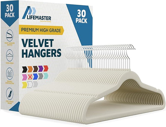 Velvet Non-Slip Hangers - 30 Pieces Non-slip Coat Hanger Set with 360° Swivel Hook, Space-Saving, Sleek Design, Keep Closet Organized, Smooth Velvet Finish, Lightweight Construction - Ivory