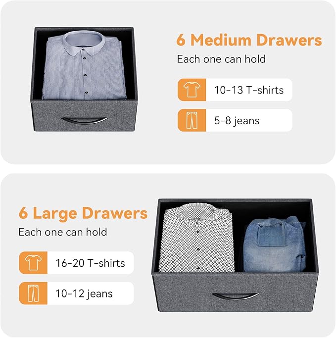 Dresser for Bedroom with 12 Drawers, Tall Dresser Chest of Drawers with 5 Side Pockets and Hooks, Wooden Top Fabric Dresser Storage Tower for Closet, Hallway, Living Room, Dark Grey
