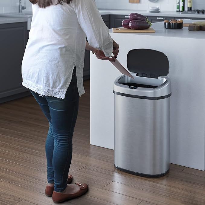 iTouchless SensorCan 13 Gallon Kitchen Trash Can with Lid & Odor Filter – Motion Sensor Stainless Steel Garbage Bin for Home, Office, or Garage – Slim Oval Shape, Large Capacity Design