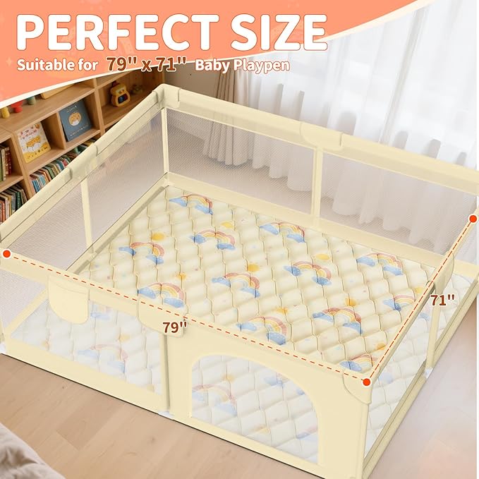 Baby Play Mats for Floor - 79x71 In Thicken Soft Padding Foam Playmats for Playpen - Non-Slip Baby Activity Mat for Tummy Time & Crawling - Foldable Play Mat Machine Washable, Rainbow