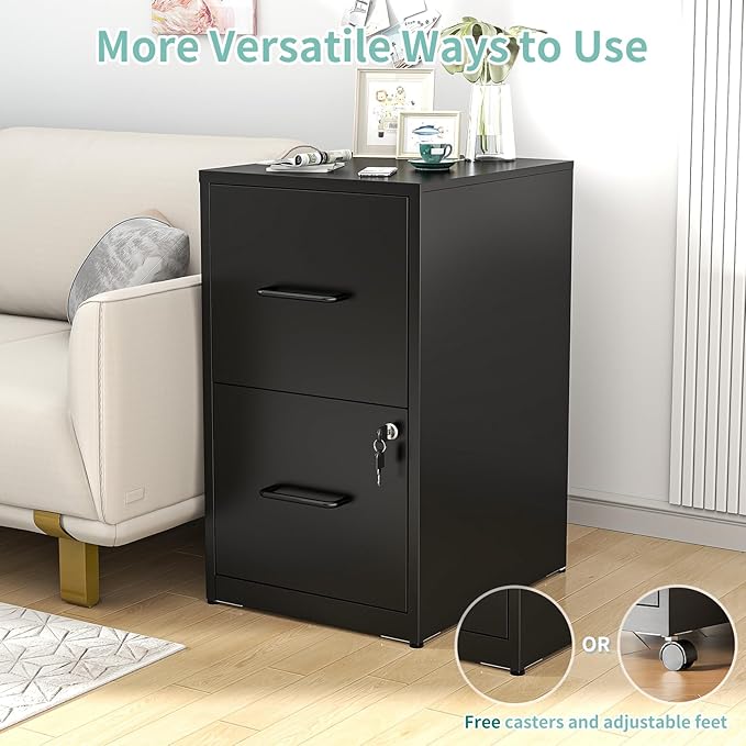 AQY 2 Drawer File Cabinet with Lock, Metal Black Filing Cabinet for Home Office, 18" Deep Heavy Duty Vertical Storage Cabinet for Hanging A4/Letter/Legal Size Files, Assembly Require