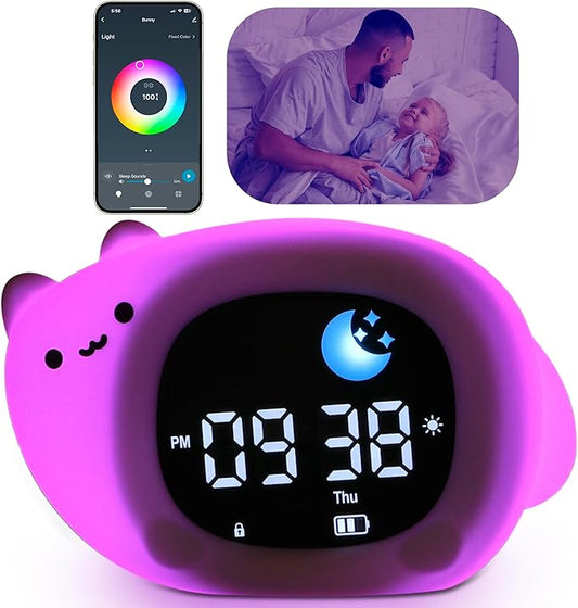 Bumble & Bright Go & Glow Cat App Control Kids Alarm Clock – Digital Sleep Trainer with USB-C Corded, 8 Night Light Colors, 6 Soothing Sounds, 12/24H Routine Trainer, Gift for Boys & Girls