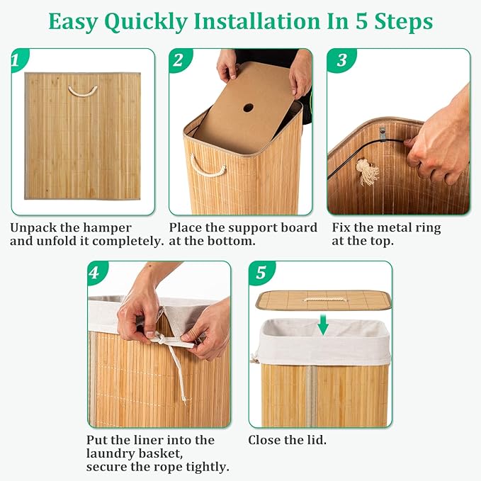 Laundry Hamper with Lid, Bamboo Laundry Basket with Handles & Removable Liner, 12.7 Gal (58L) Foldable Laundry Hamper for Laundry Room, Bedroom, Bathroom, Living Room (Round Brown)