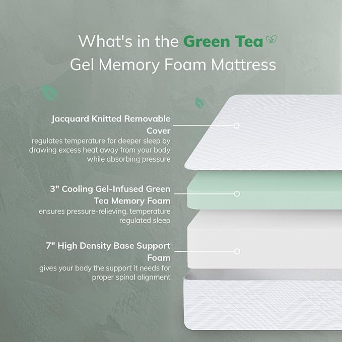 EGO White 10 Inch Queen Green Tea Memory Foam Mattress, Gel Mattress Bed in a Box, CertiPUR-US Certified, Double Mattress, 60"x80", Medium Firm