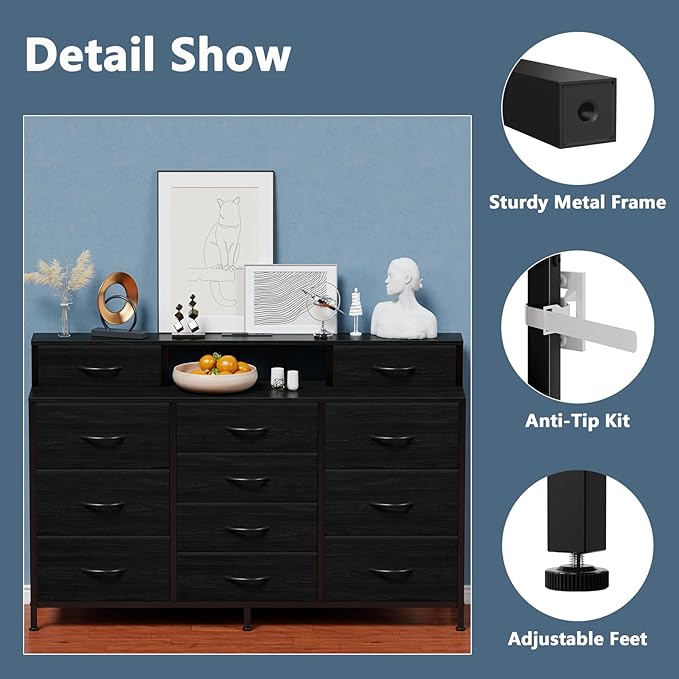 Furnulem 55" W Dresser for Bedroom with LED Lights and Power Outlets,Black Large 12 Storage Drawers Long Fabric Chests Dressers with 2 Shelves for Closet,Living Room,Entryway,Wooden Top,Metal Frame