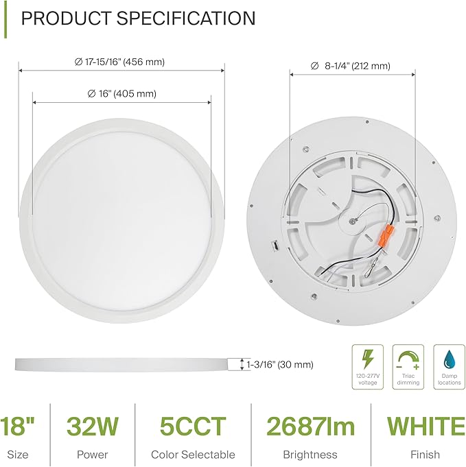 ASD LED 18" Round Flush Mount Ceiling Light Fixture, Low Profile Surface Lighting | 5CCT, Dimmable, Ultra-Thin, ETL Listed | 32W 2600LM 2700-6000K 100-277V | Kitchen, Hallway Lamp | White, 2 Pack