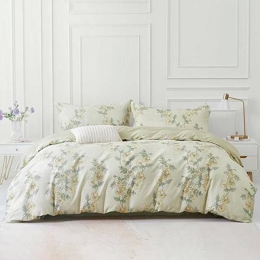 SAPHREAS Green Leaf Cotton Duvet Cover Set King Size 3pcs Tropical Botanical Yellow Flower Bedding Comforter Cover Set 1 Duvet Cover 2 Pillow Shams, Comforter Not Included