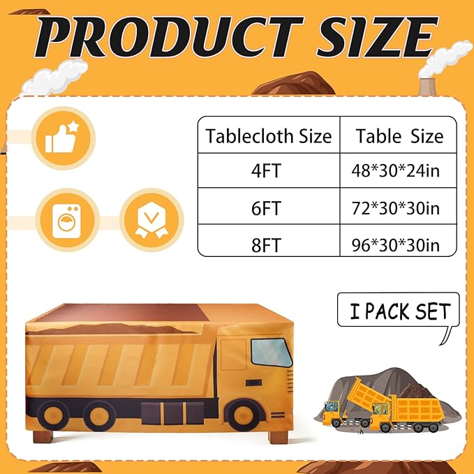 4Ft Construction Vehicle Table Cloth,Construction Birthday Decorations for Kids' Boys' Party Decorations, Baby Shower Birthday Party Supplies