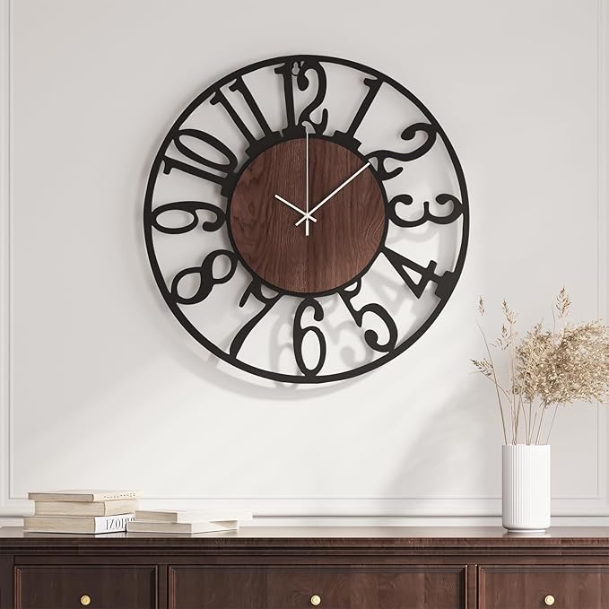 16 inch Wall Clock Battery Operated, Modern Round Big Wood Decorative Metal Wall Clock for Living Room, Non Ticking Silent Black Clocks, Bedroom, Kitchen, Farmhouse, Office Decor-Arabic Numerals