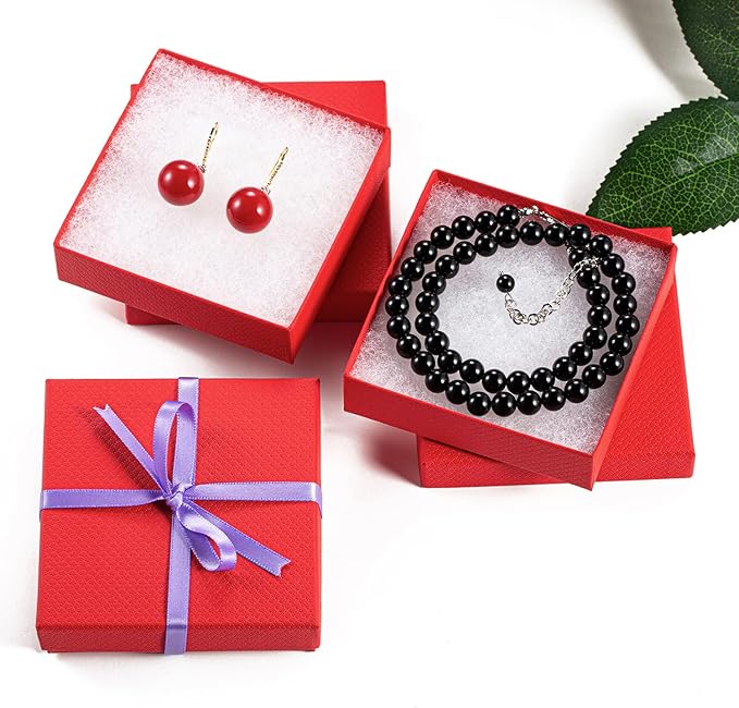 Magicool 20 Pack 3.5x3.5x1 Inch Red Cardboard Jewelry Boxes, Gift Boxes with Lids and Cotton, Perfect for DIY, Wedding, Engagement, Mother's Day, Birthday