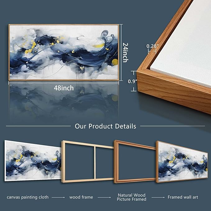hyidecorart Wall Art For Living Room Large Size Wall Decor For Office Bedroom Wall Decorations Pictures Artwork Blue Abstract Ink Paintings Wood Framed Canvas Art Prints Ready To Hang Home Decor