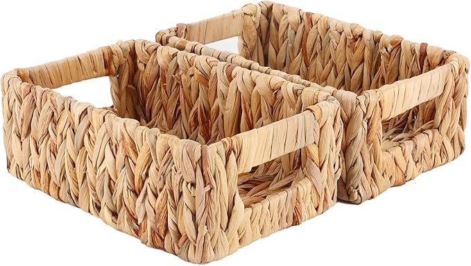 YAHUAN Woven Water Hyacinth Baskets for Organizing, Rectangular Wicker Baskets with Built-in Handles, Small Storage Baskets for Shelves, Kitchen, Make-Up,Toilet Tank Paper(Water Hyacinth 2-Pack)