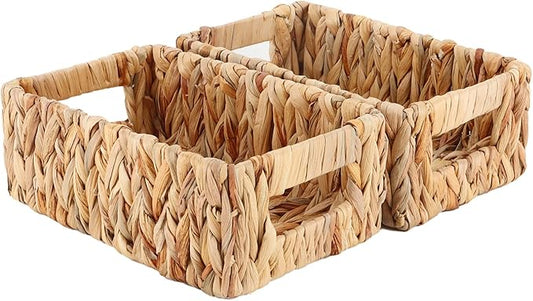 YAHUAN Woven Water Hyacinth Baskets for Organizing, Rectangular Wicker Baskets with Built-in Handles, Small Storage Baskets for Shelves, Kitchen, Make-Up,Toilet Tank Paper(Water Hyacinth 2-Pack)
