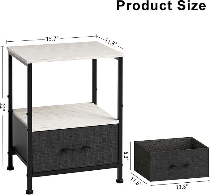 Side Table with Fabric Drawers,2-Tier Nightstand,End Table with Open Shelf for Bedroom, Living Room, Kitchen, Entryway, Grey Wash