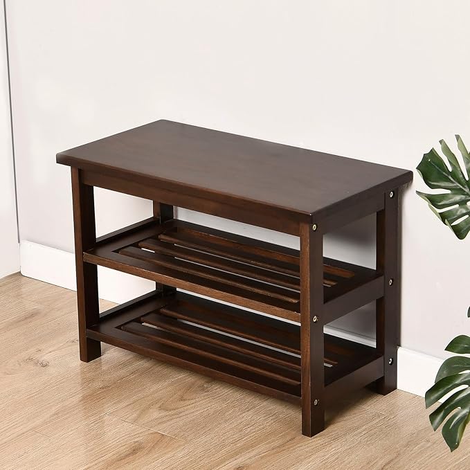 CONSDAN Wood Shoe Bench Rack, USA Grown Hickory, Entryway Bench with Shoe Storage, Mud Room Bathroom, Front Door, Outdoor/Indoor, Dark Walnut(Black)
