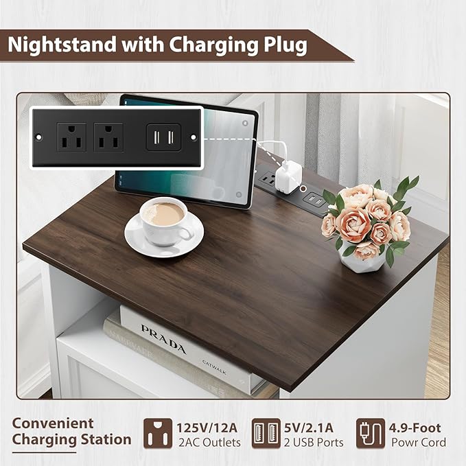 Farmhouse Nightstand with Charging Station, End Table with 2 Drawers Storage, Space-Saving Wood Storage Cabinet with Unique Base Design, Bedside Table for Bedroom, Living Room, White