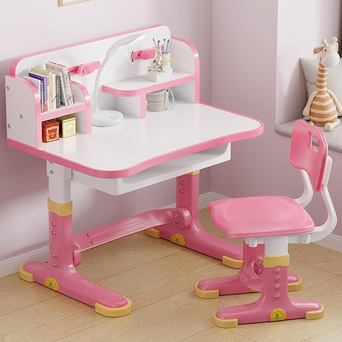 Kids Desk and Chair Set, Height Adjustable Child's School Study Writing Tables, Kids Desk with Bookstand and Storage Drawer, Widened Desktop with Desktop for Boys and Girls