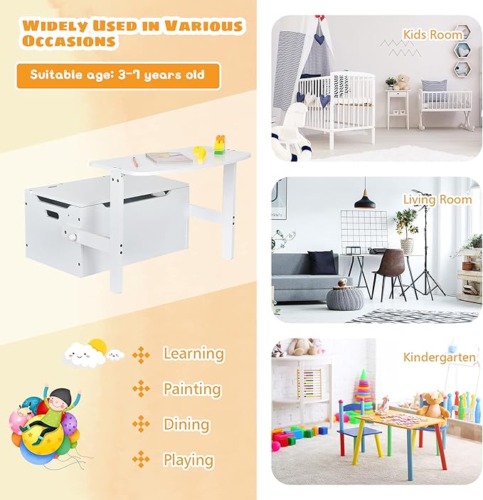 Costzon Kids Table and Chair Set, Convertible Toy Storage Bench with Built-in Handle for Kindergarten, Preschool, Kids Room, Playroom, Wood Reading Nook for Toddler Boys Girls Ages 3 to 7