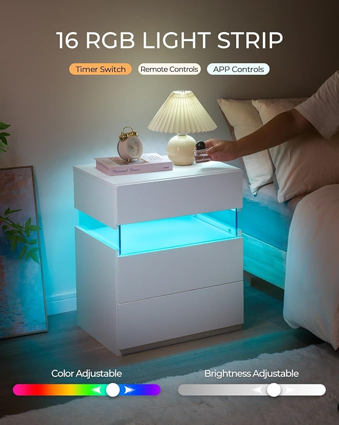 Bingoday LED Nightstand 2 Nightstands Bedroom set of 2 Bedroom Night Stands with Drawers Modern Bedside Table with 3 Drawers