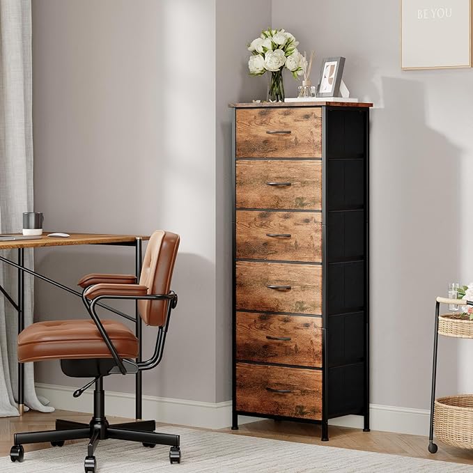 Somdot Tall Dresser for Bedroom with 6 Drawers and Side Pockets, Storage Organizer Chest of Drawers with Fabric Bins for Closet Bedside Nursery Living Room Entryway Hallway, Wood Grain Print