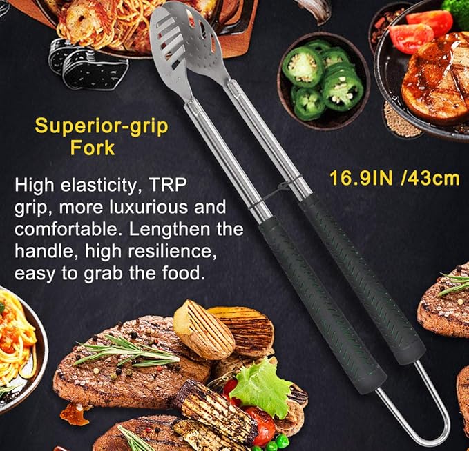 POLIGO 7PCS Golf-Club Style BBQ Grill Tools Kit with Rubber Handle Bundle with 18" Safe Grill Brush And Scraper Bristle Free for All Grills - Premium BBQ Set Ideal Christmas Birthday Gifts for Men Dad