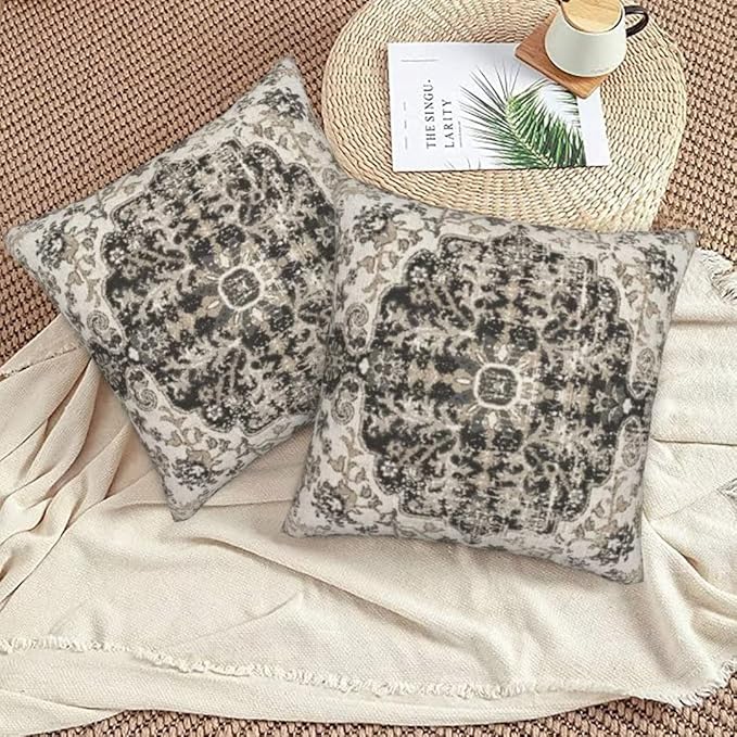 Boho Throw Pillow Covers 18x18 Set of 2, Black Brown Carpet Pattern Pillow Covers Ethnic Rustic Farmhouse Cushion Cases Linen Decorative Gifts for Couch Sofa Indoor Outdoor