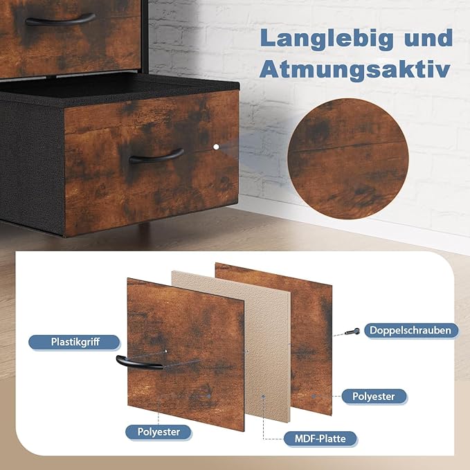 DUMOS Dresser for Bedroom with 8 Fabric Drawers, Tall Chest Organizer Units for Clothing, Closet, Kidsroom, Storage Tower with Cabinet, Metal Frame, Wooden Top, Lightweight Nursery Furniture, Brown