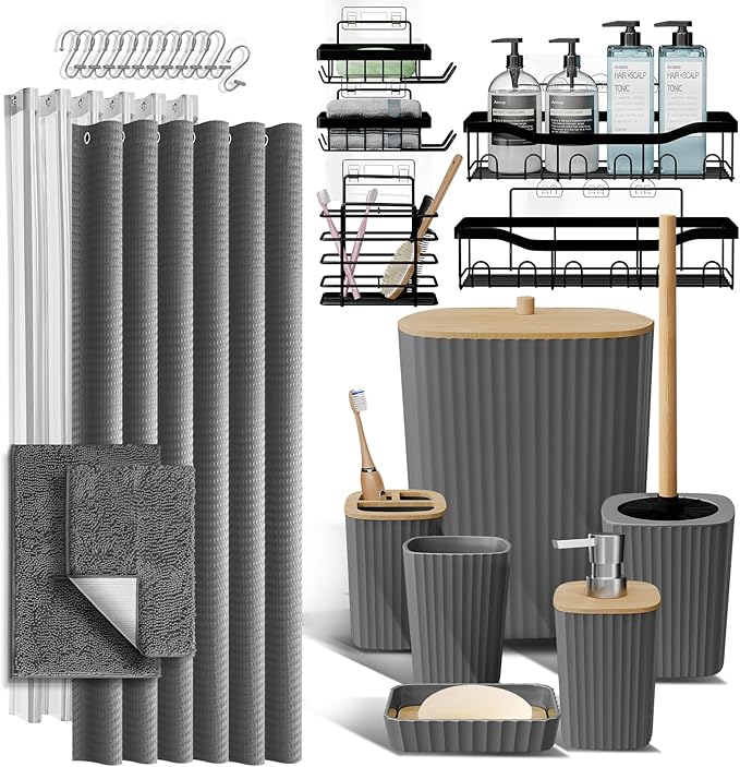 Bathroom Accessories Set with Shower Caddy and Bath Rugs, 27PC Bathroom Accessory Set with Shower Caddies Grey Bath Rugs, Shower Curtain Set, Toilet Brush, Trash Can, Soap Dispenser, Toothbrush holder
