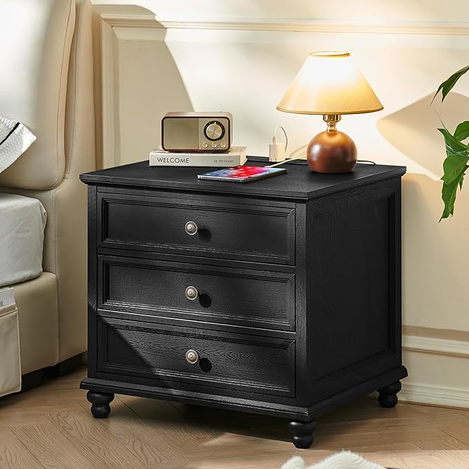 Farmhouse Nightstand with Charging Station, 24" Wide End Table with 3 Drawers,Black Wood Dresser for Bedroom, Bed Side Table Chest of Drawers Cabinet,Night Stand for Living Room, Closet