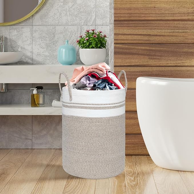 58L Large Laundry Basket, Laundry Hamper with Handles, Clothes Storage Basket, Tall Woven Rope Storage Basket for Dirty Clothes, Blankets, Pillows in Bathroom, Bedroom (Brown, 15 x 20in)