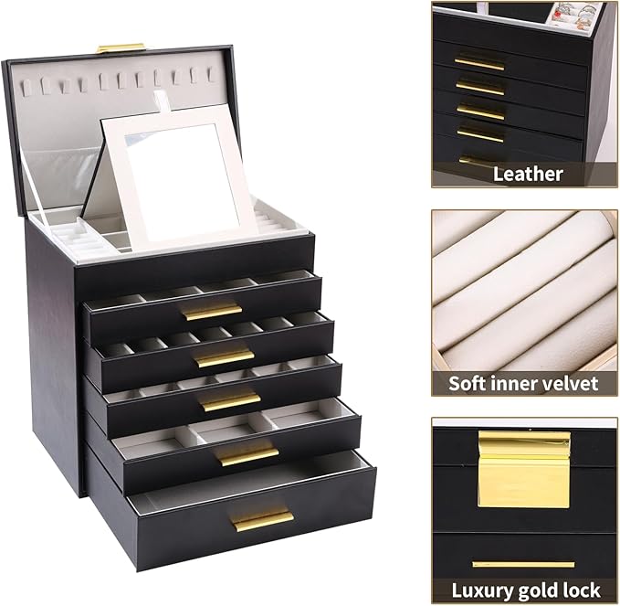 BOOVO Jewelry Box with Necklace Hanger – Jewelry Organizer for Women with 5 Drawers, Large Jewelry Storage Boxes –Jewelry Organizers and Storage for Earrings, Necklaces (Black, 6 layer)