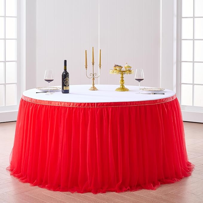 Suppromo 9ft Red Tulle Table Skirts for Rectangle or Round Tables Tutu Table Skirt Cloth for Graduation Baby Shower Birthday Party Wedding Christmas Decorations(Red, L9(ft)*H 30in)