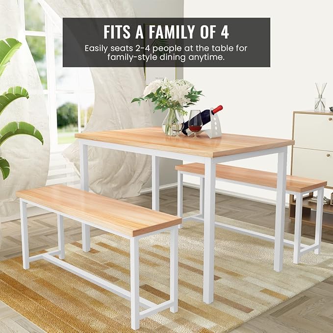 Recaceik Dining Table Set with Bench, 3 Pieces Dining Furniture Set Kitchen Table Set Sturdy Structure Space-Saving Dinette for Kitchen, Dining Room Breakfast Nook, Living Room, Beige