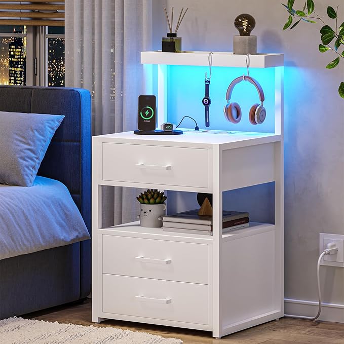 VIAGDO Led Nightstand with Charging Station, 3 Drawers Night Stands with Led Lights, White Bedside Tables with Storage Shelves, Modern End Side Tables for Bedroom, Office