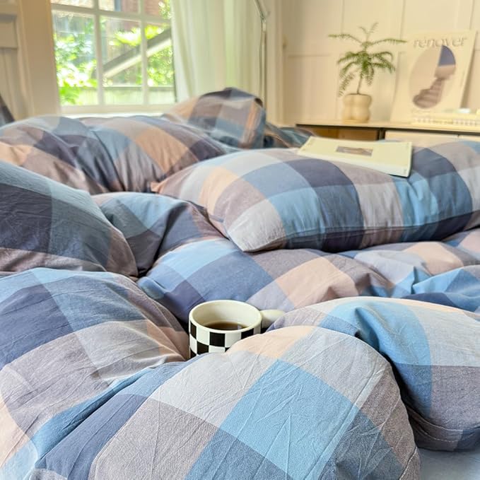 FACE TWO FACE Bedding Duvet Cover Set100% Washed Cotton Duvet Cover Linen Like Textured Breathable Durable Soft Comfy (Queen, Cardamom Blue Grid)