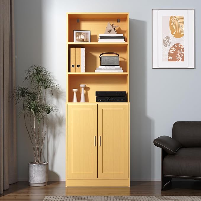 75" Tall Bookcase with Doors, 5 Tier Large Bookshelf with Cabinet, Standing Wood Display Book Shelf for Living Room, Office, Library with Doors, Oak