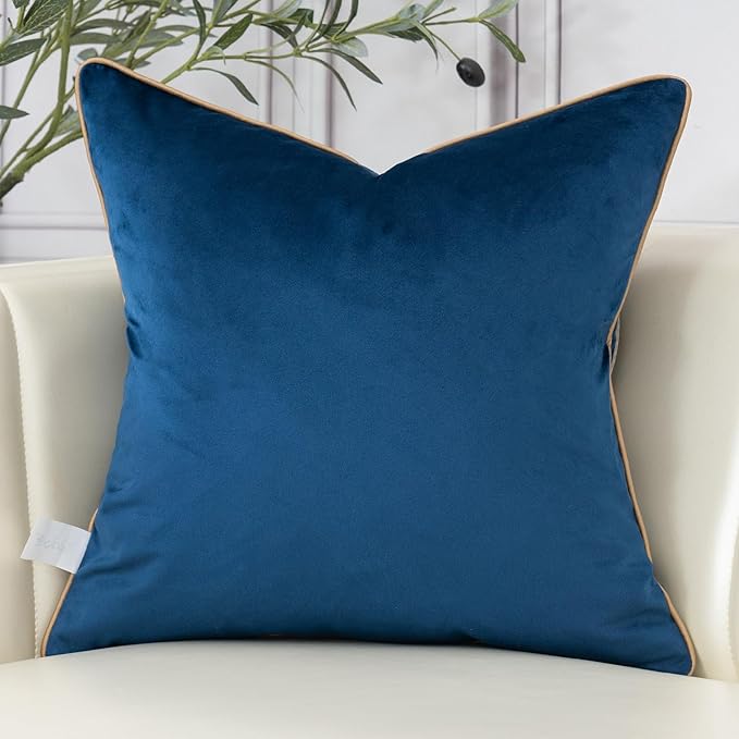 Aeckself European Floral Pillow Cover 18x18 Inch, Luxury Velvet Embroidered Decorative Throw Pillow Cover for Couch Bedroom Living Room, Navy Blue and Gold, Yw-OBYG-Blue4545