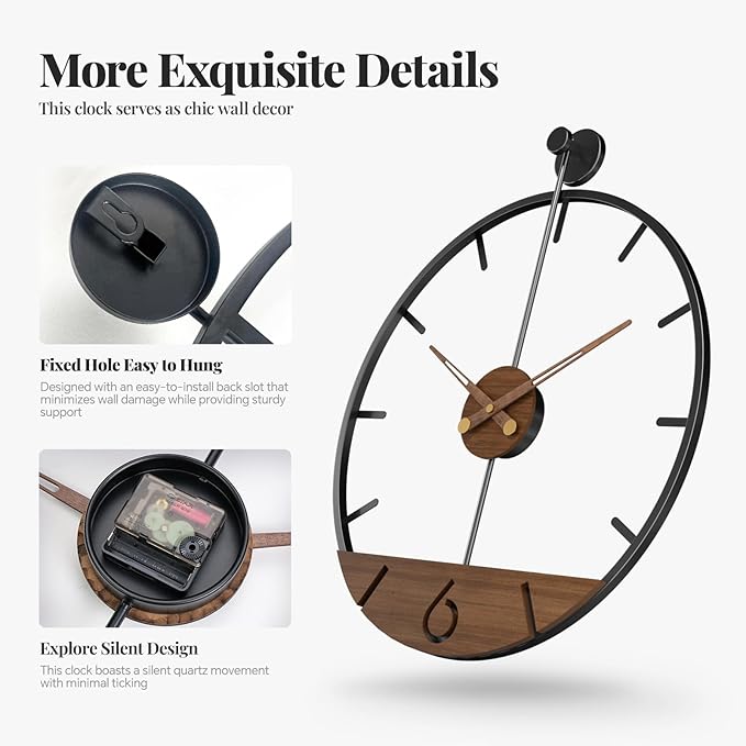 16 Inch Wall Clock with Walnut Wood Dial, Modern Decorative Clock Silent Non-Ticking Battery Operated Metal Frame for Living Room, Kitchen, Office, or Bedroom Wall Decor, Black and Brown
