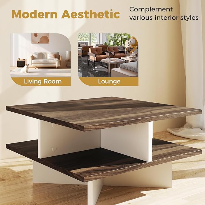 GOFLAME Farmhouse Coffee Table with Storage, 2-Tier Square Center Table with 4 Storage Compartments & Cross-Shape Base, Modern, Wood Tea Tables for Living Room, Lounge, Walnut + White
