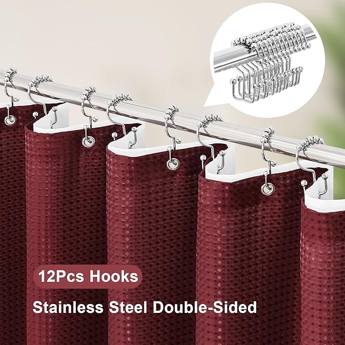 3 in 1 Shower Curtain Set, Burgundy Waffle Shower Curtain and PEVA Liner Set with 12 Stainless Steel Shower Curtain Hooks, Waterproof Fabric Shower Curtains for Bathroom, 72 W x 72 H