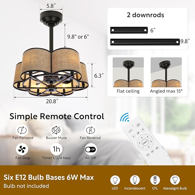 Ceiling Fans with 6-Bulb Lights and Remote, Flower Shaped Ceiling Light with 6 Adjustable Speed and for Bedroom, Kitchen and Living Room, Fabric Shade